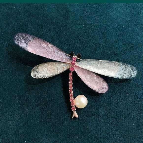 Jewelry - Dragonfly Brooch Multicolor Rhinestones Faux Freshwater Pearl Gift Nature Pretty